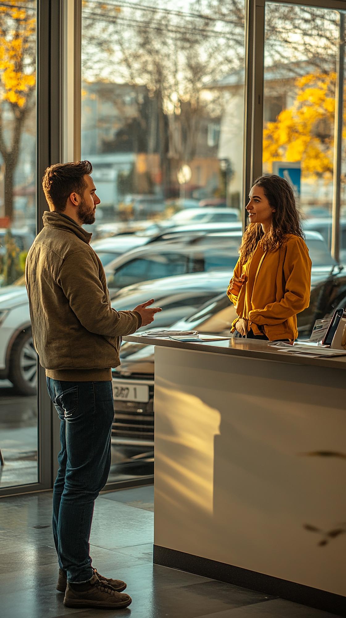 Cliente conversa com uma vendedora em um balcão de concessionária com carros visíveis pela janela.