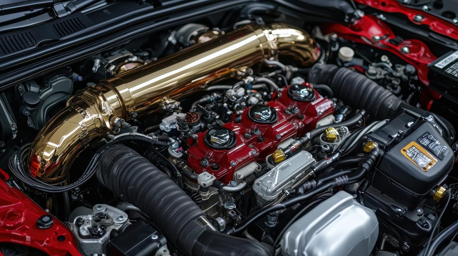 Compartimento de motor preparado com tampa de válvulas vermelha e duto de admissão dourado.